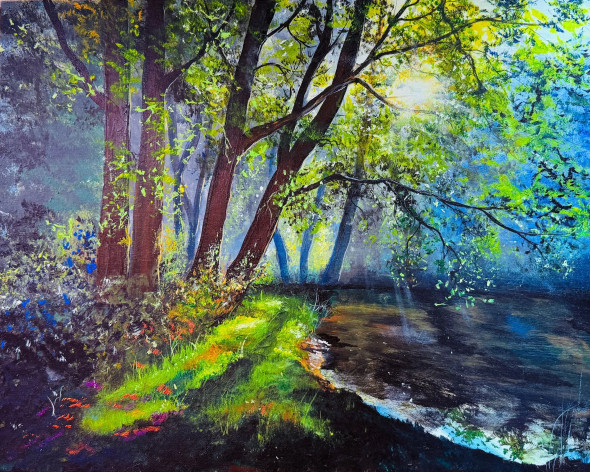 Morning Light By The Stream (ART-7615-120591) - Handpainted Art Painting - 20in X 16in