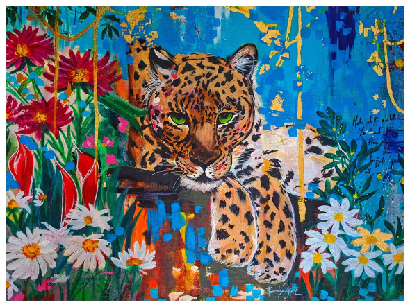 : Large Leopard Mixed Media Painting - Original Wild Animal Wall Art With Gold Leaf & Floral Accents (PRT-7337-120605) - Canvas Art Print - 24in X 18in