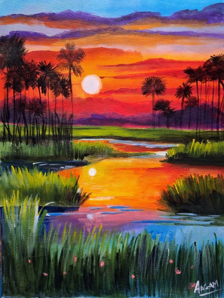 Serene Sunset Over The Marshlands (ART-16904-113144) - Handpainted Art Painting - 12in X 16in