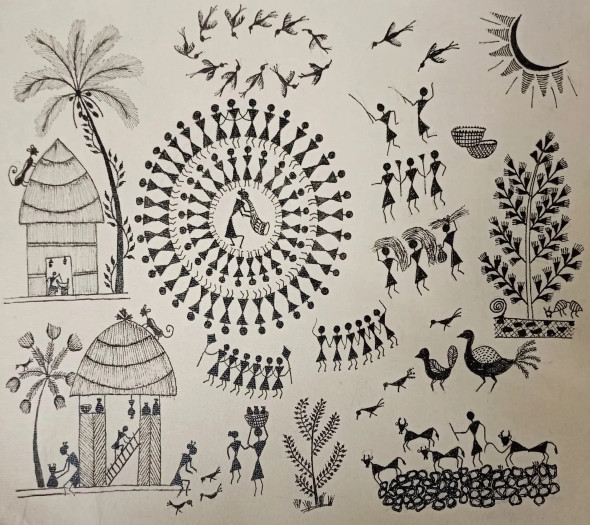 ANCIENT WARLI ARTS ON CANVAS USING ACRYLIC PAINT (ART-2050-120035) - Handpainted Art Painting - 13in X 11in