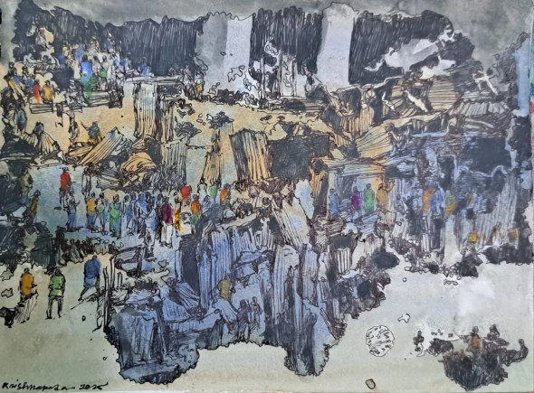 Slum Area (ART-18009-120525) - Handpainted Art Painting - 8in X 8in