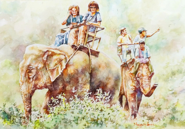 Elephant Safari (ART-7260-120630) - Handpainted Art Painting - 14in X 9in