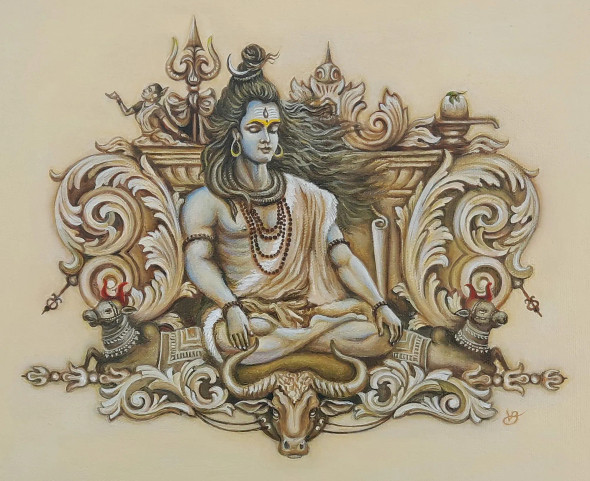 Shiva (The Eternal Meditator) (ART-8857-120683) - Handpainted Art Painting - 11in X 9in