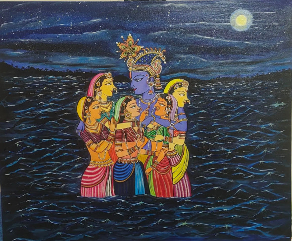 Krishna Gopika Jal Kreeda (ART-15751-120678) - Handpainted Art Painting - 25in X 20in