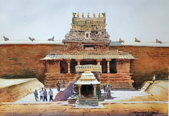 Airavateswar Temple Tanjavur (ART-8116-120705) - Handpainted Art Painting - 15in X 11in