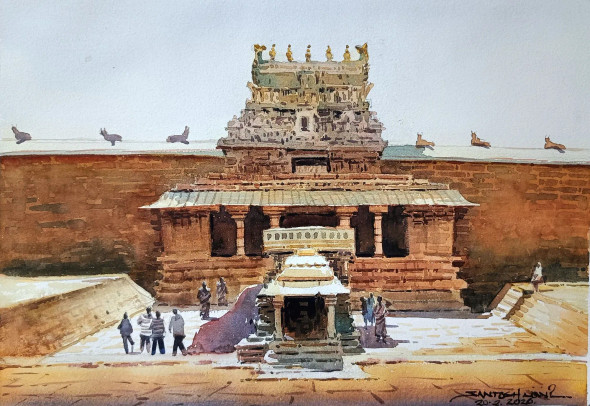 Airavateswar Temple Tanjavur (ART-8116-120705) - Handpainted Art Painting - 15in X 11in