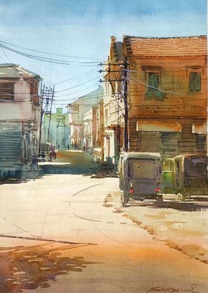 Street In Village (ART-8116-120703) - Handpainted Art Painting - 11in X 15in