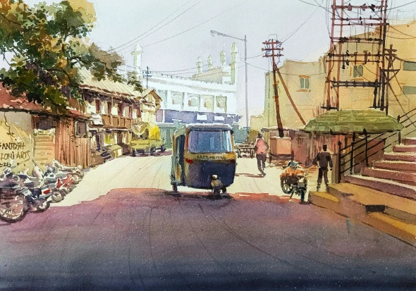 Rikshaw - Through Light And Shadow (ART-8116-120698) - Handpainted Art Painting - 15in X 11in