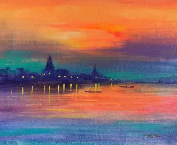 Banaras Ghat Colorful (ART-3512-120689) - Handpainted Art Painting - 12in X 10in