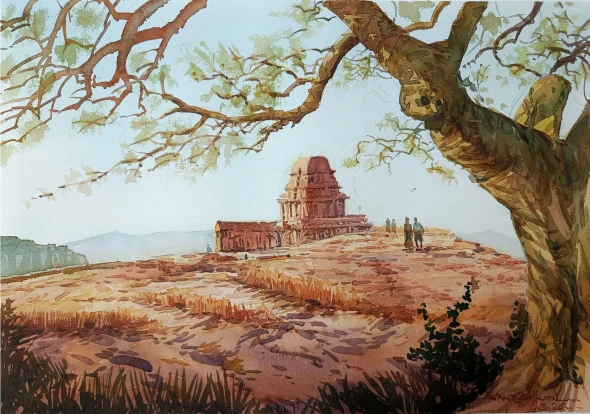 Let Us Go To Badami Temple (ART-8116-120696) - Handpainted Art Painting - 15in X 11in