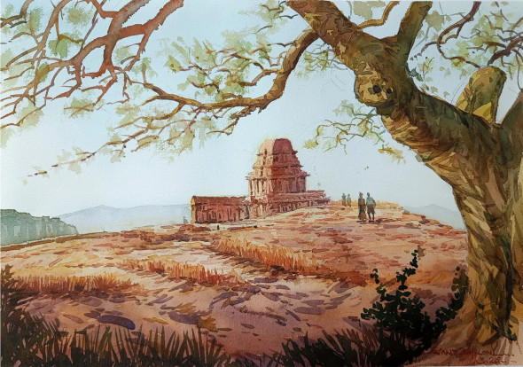 Let Us Go To Badami Temple (ART-8116-120696) - Handpainted Art Painting - 15in X 11in