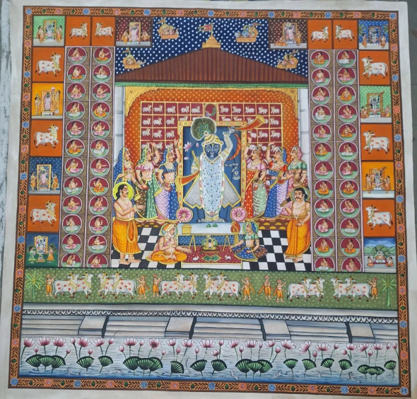 Handmade Shrinathji Paichwai Painting (ART-7555-120712) - Handpainted Art Painting - 60in X 60in