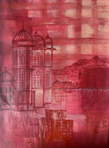 Crimson View By The Lake (ART-17575-120714) - Handpainted Art Painting - 17in X 22in