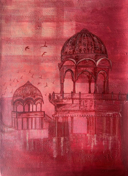 Crimson Evening By The Riverside (ART-17575-120713) - Handpainted Art Painting - 17in X 22in