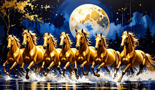 Golden Run In Moonlight: Seven Horses Of Fortune (PRT-17594-120688) - Canvas Art Print - 36in X 21in