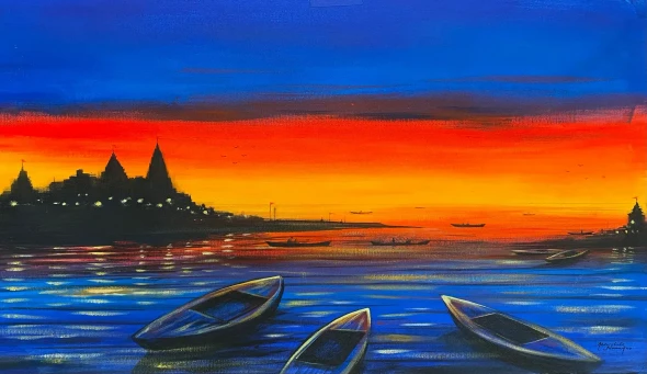 Banaras Ghat (ART-3512-120751) - Handpainted Art Painting - 30in X 15in