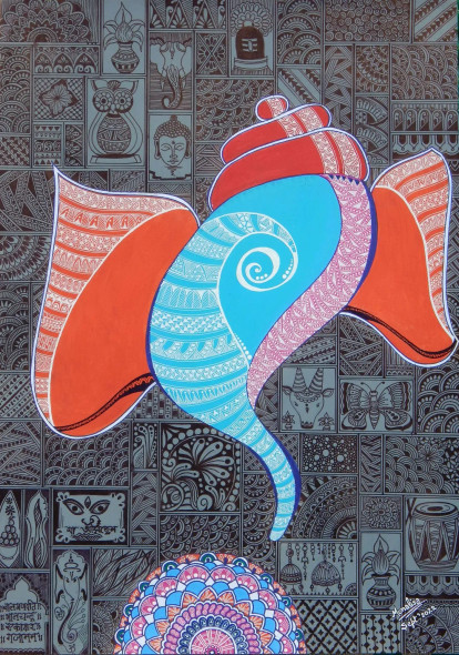 Ganesha_3 (ART-7864-120742) - Handpainted Art Painting - 12in X 17in