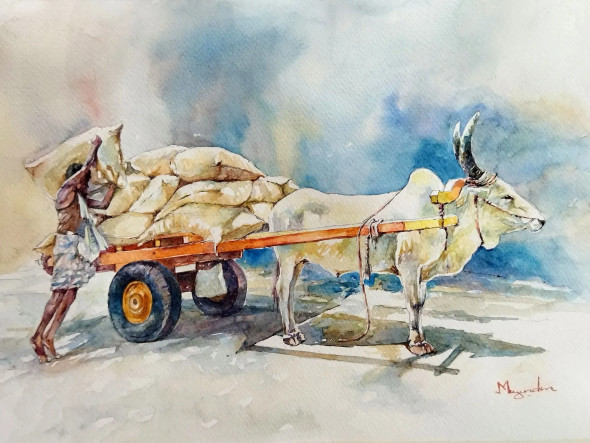 Load Man (ART-7260-120741) - Handpainted Art Painting - 14in X 9in