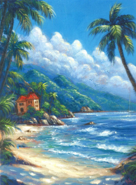 Whispers Of The Island Breeze | Tropical Beach Landscape Art (ART-4815-120728) - Handpainted Art Painting - 9in X 12in