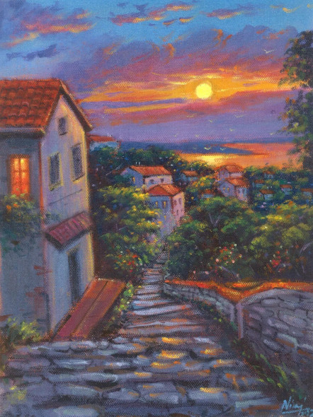 Steps Toward The Twilight | Old Town Street Sunset Painting (ART-4815-120727) - Handpainted Art Painting - 9in X 12in