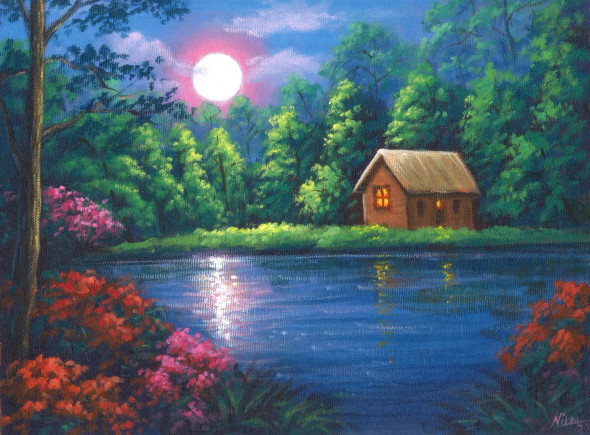 Moonlight Serenade At The Shore | Moonlit Forest Cabin Painting (ART-4815-120725) - Handpainted Art Painting - 12in X 9in