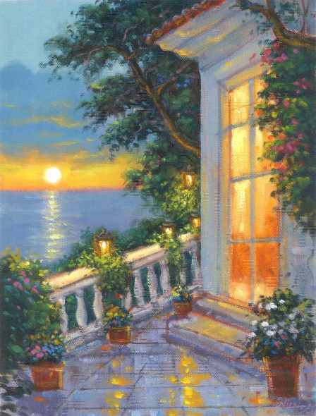 The Terrace Of Dreams | Coastal Balcony Sunset Art (ART-4815-120726) - Handpainted Art Painting - 9in X 12in