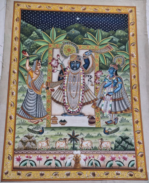 Shrinathji Pichwai Handmade Painting (ART-7555-120715) - Handpainted Art Painting - 24in X 36in
