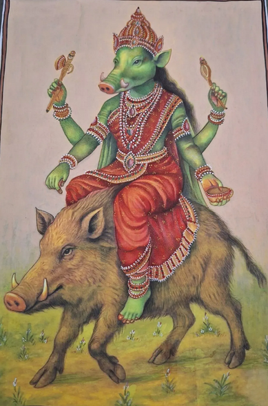 Varahi Devi Vintage-style Indian Hindu Devotional Canvas Painting (ART-7555-120723) - Handpainted Art Painting - 18in X 24in