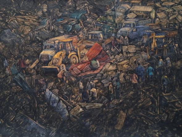 Slum Eviction (ART-18009-120799) - Handpainted Art Painting - 57in X 45in