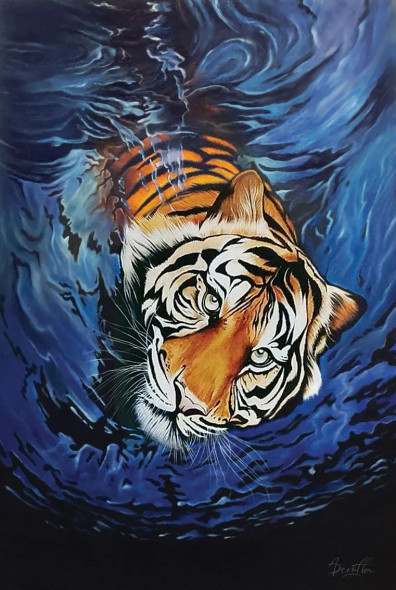 Wading Bengal Tiger (ART-8356-120762) - Handpainted Art Painting - 20in X 36in