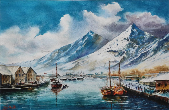Silent Harbour At North (ART-18048-120845) - Handpainted Art Painting - 22in X 15in