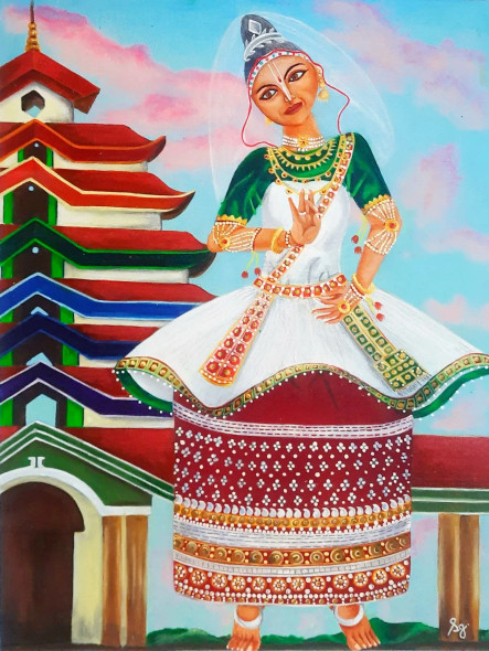 Indian Classical Dance Series: MANIPURI (ART-8835-120767) - Handpainted Art Painting - 14in X 18in