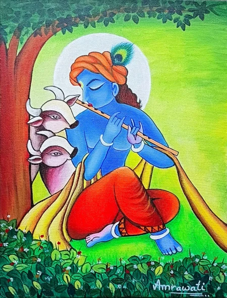 Murliwala (ART-18317-120758) - Handpainted Art Painting - 12in X 16in