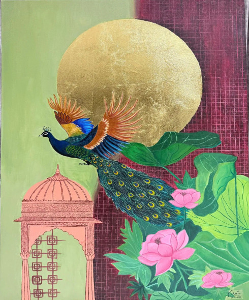 “Peacock In A Doré Evening” (ART-17410-120730) - Handpainted Art Painting - 36in X 48in