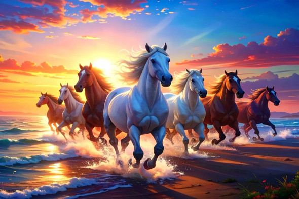 The Golden Journey Of Seven Sacred Horses (PRT-17594-120915) - Canvas Art Print - 36in X 24in