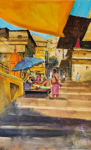Benaras Ghat (PRT-7901-120899) - Canvas Art Print - 22in X 36in