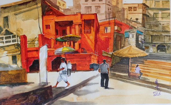 Benaras Ghat (PRT-7901-120898) - Canvas Art Print - 36in X 22in