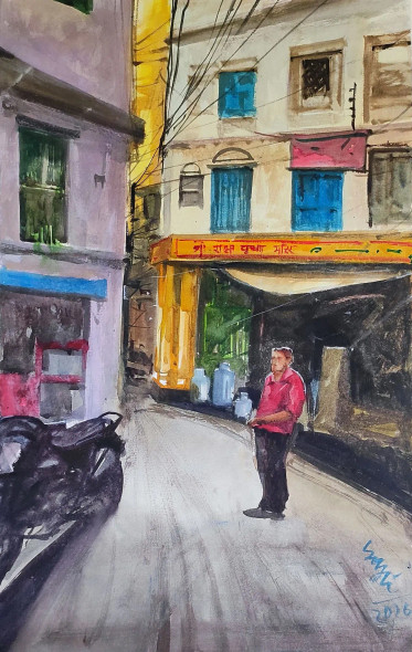 Benaras Gali (ART-7901-120902) - Handpainted Art Painting - 14in X 22in