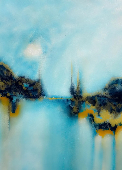 Atmospheric Blues Disrupted By Bold Earthy Textured (ART-8156-120875) - Handpainted Art Painting - 15in X 21in
