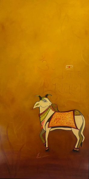 Mystic Nandi (ART-18331-120932) - Handpainted Art Painting - 18in X 36in
