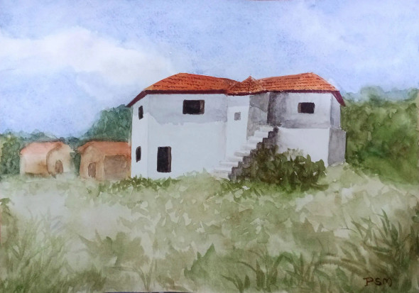 Village White House (ART-5291-120924) - Handpainted Art Painting - 11in X 8in