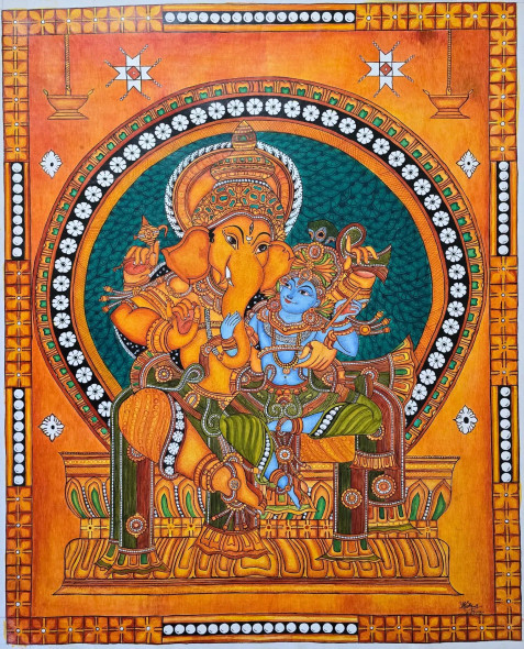 Kerala Traditional Mural Painting_Malliyoor Ganesha (PRT-8844-120939) - Canvas Art Print - 24in X 30in