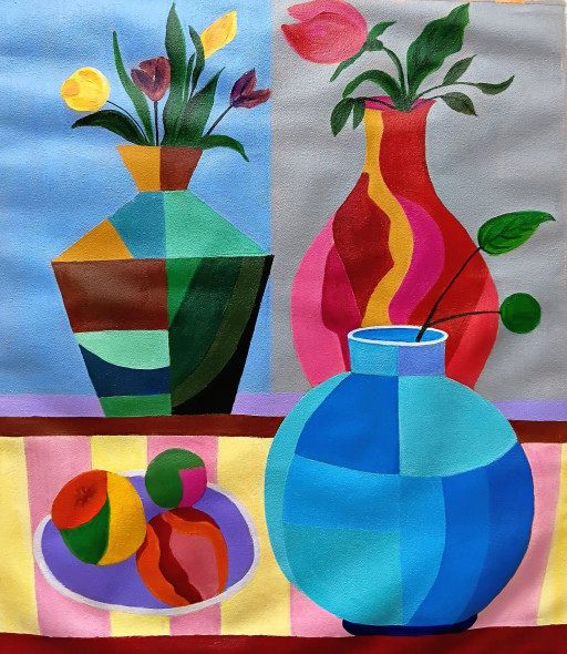 Chromatic Still Life: Vases In Dialogue (ART-17719-121014) - Handpainted Art Painting - 18in X 24in