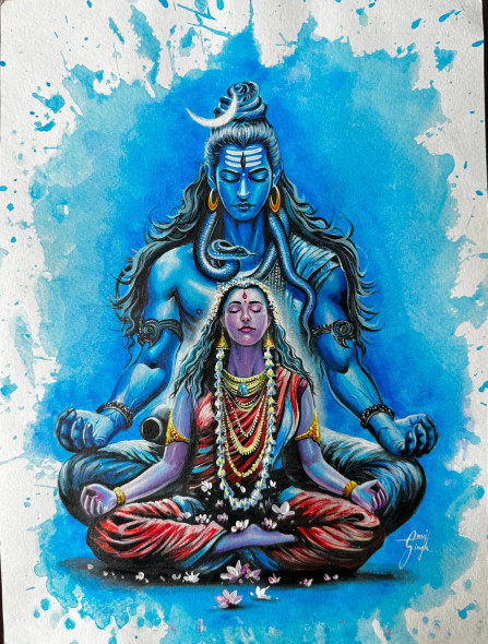 ShivShakt (ART-15579-120964) - Handpainted Art Painting - 9in X 12in
