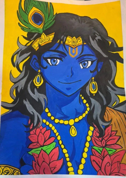Divine Grace: Lord Krishna Handmade Portrait (ART-18353-120948) - Handpainted Art Painting - 12in X 17in