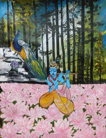 Krishna's Melody: Lotus Garden Serenade (ART-17719-121015) - Handpainted Art Painting - 18in X 24in