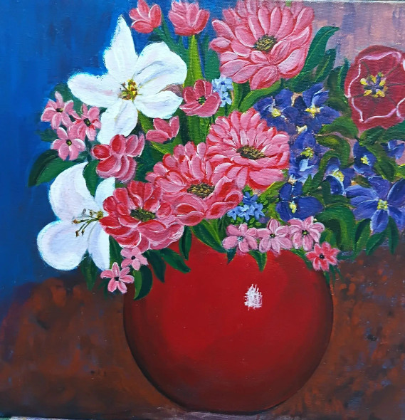 Crimson Cascade: Blooms In Red (ART-17719-121052) - Handpainted Art Painting - 12in X 12in