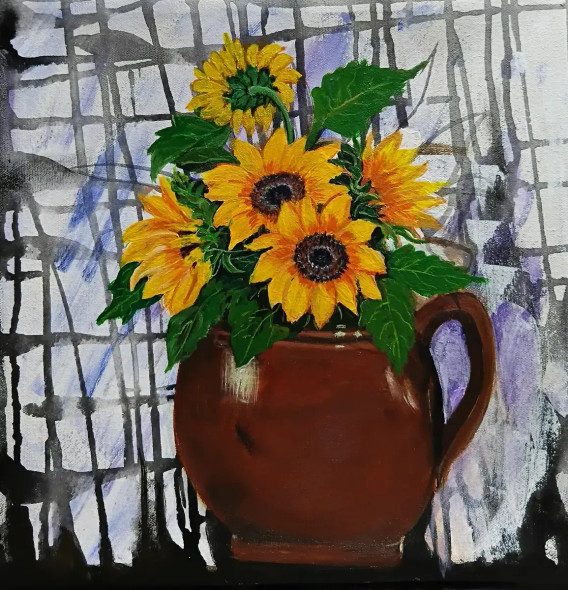Sunlit Harvest: Sunflowers In Clay (ART-17719-121050) - Handpainted Art Painting - 12in X 12in