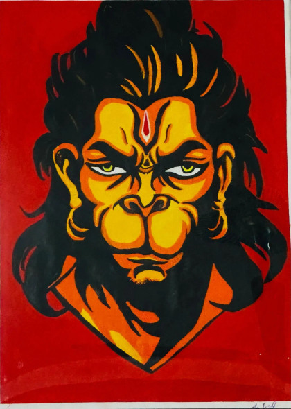 Angry Hanuman: The Power Of Devotion (ART-18353-120949) - Handpainted Art Painting - 12in X 17in