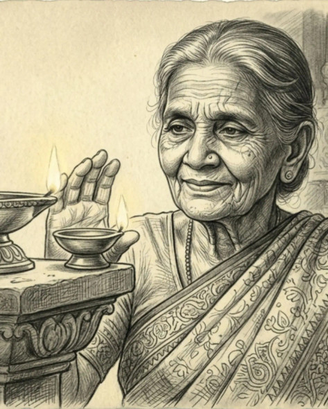 Eternal Light - Elderly Woman Lighting Diya (ART-18384-121029) - Handpainted Art Painting - 12in X 10in